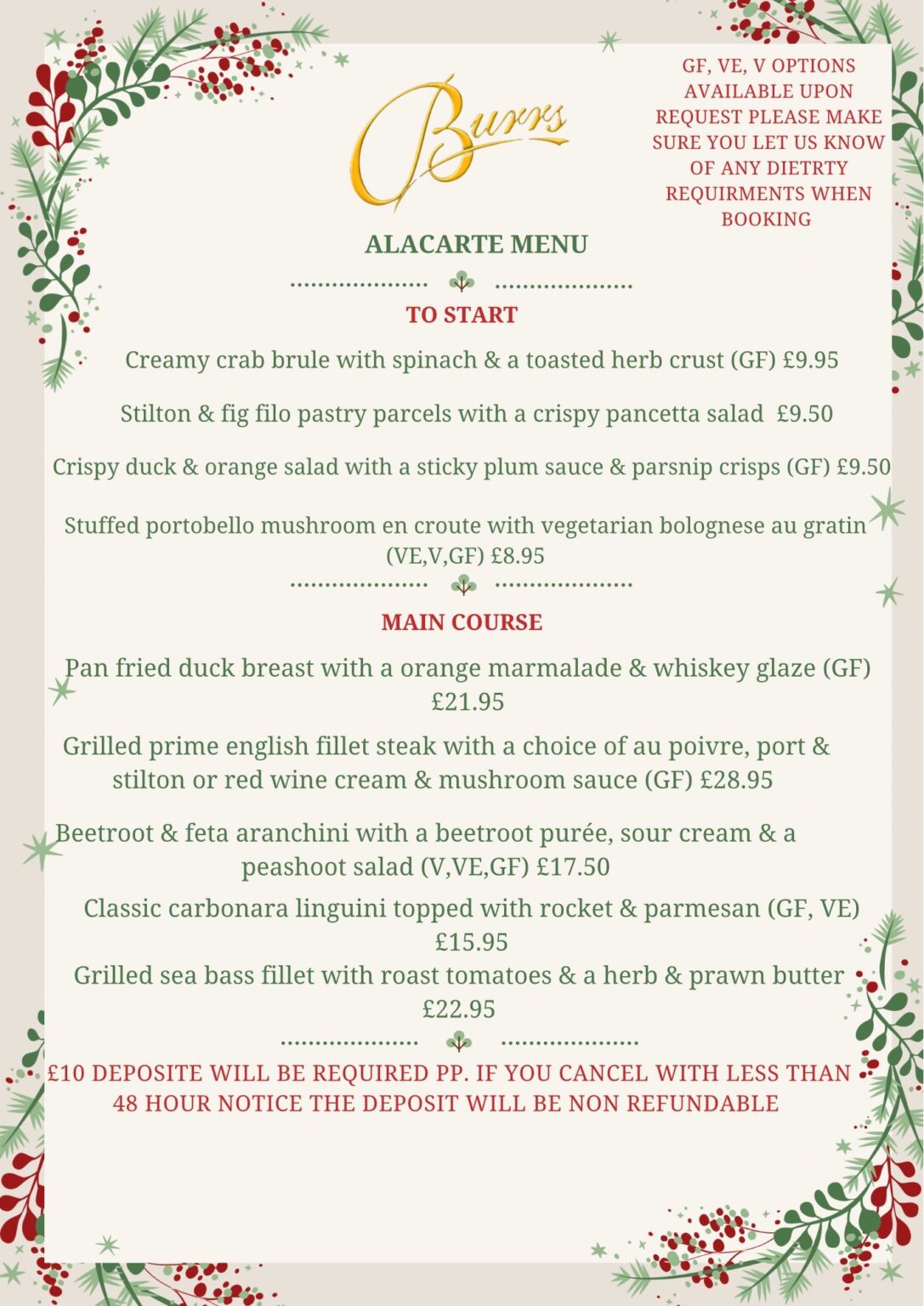 Menu Burrs Restaurant