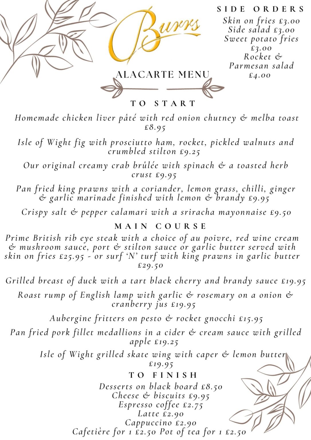 Menu Burrs Restaurant