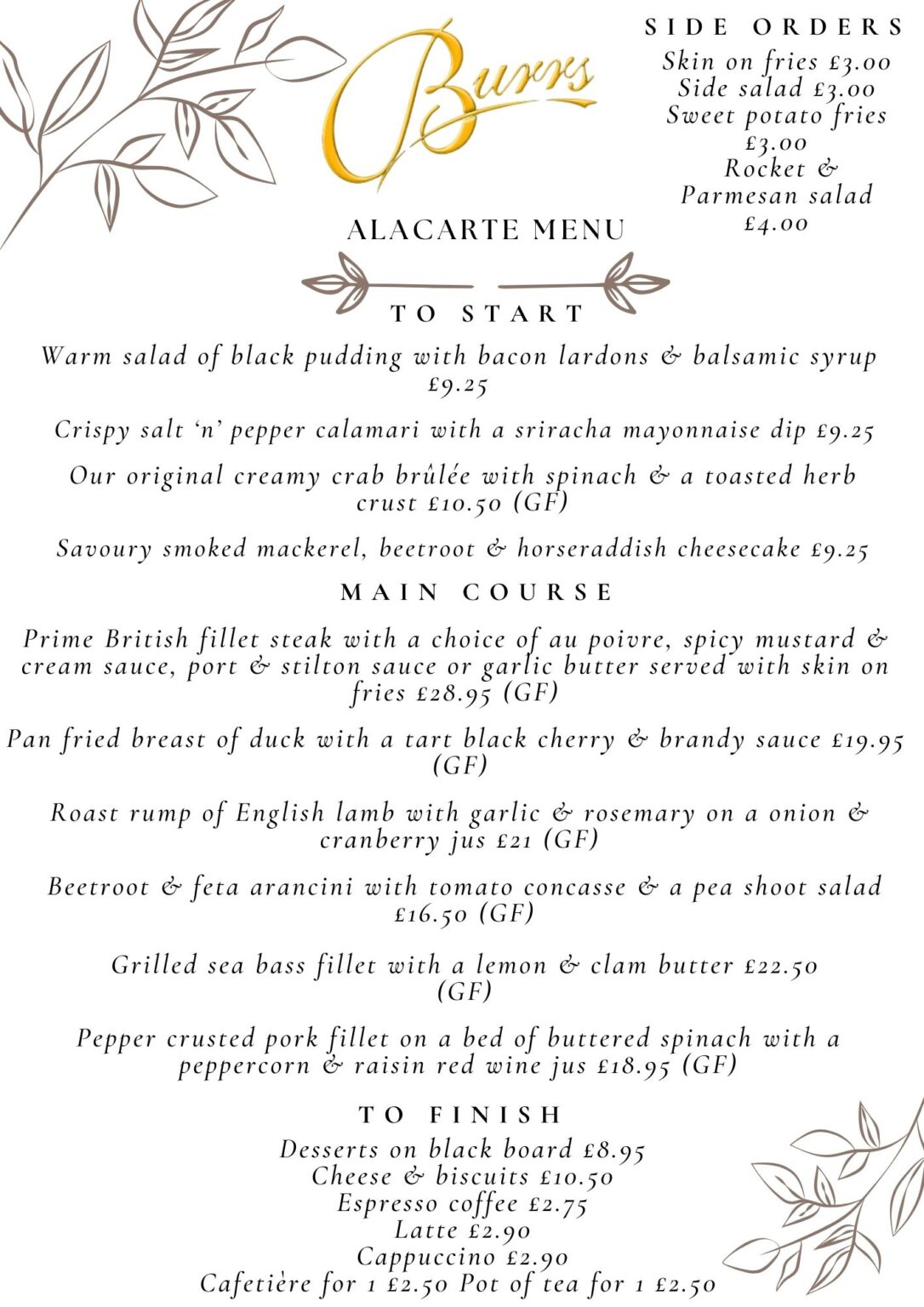 Menu Burrs Restaurant